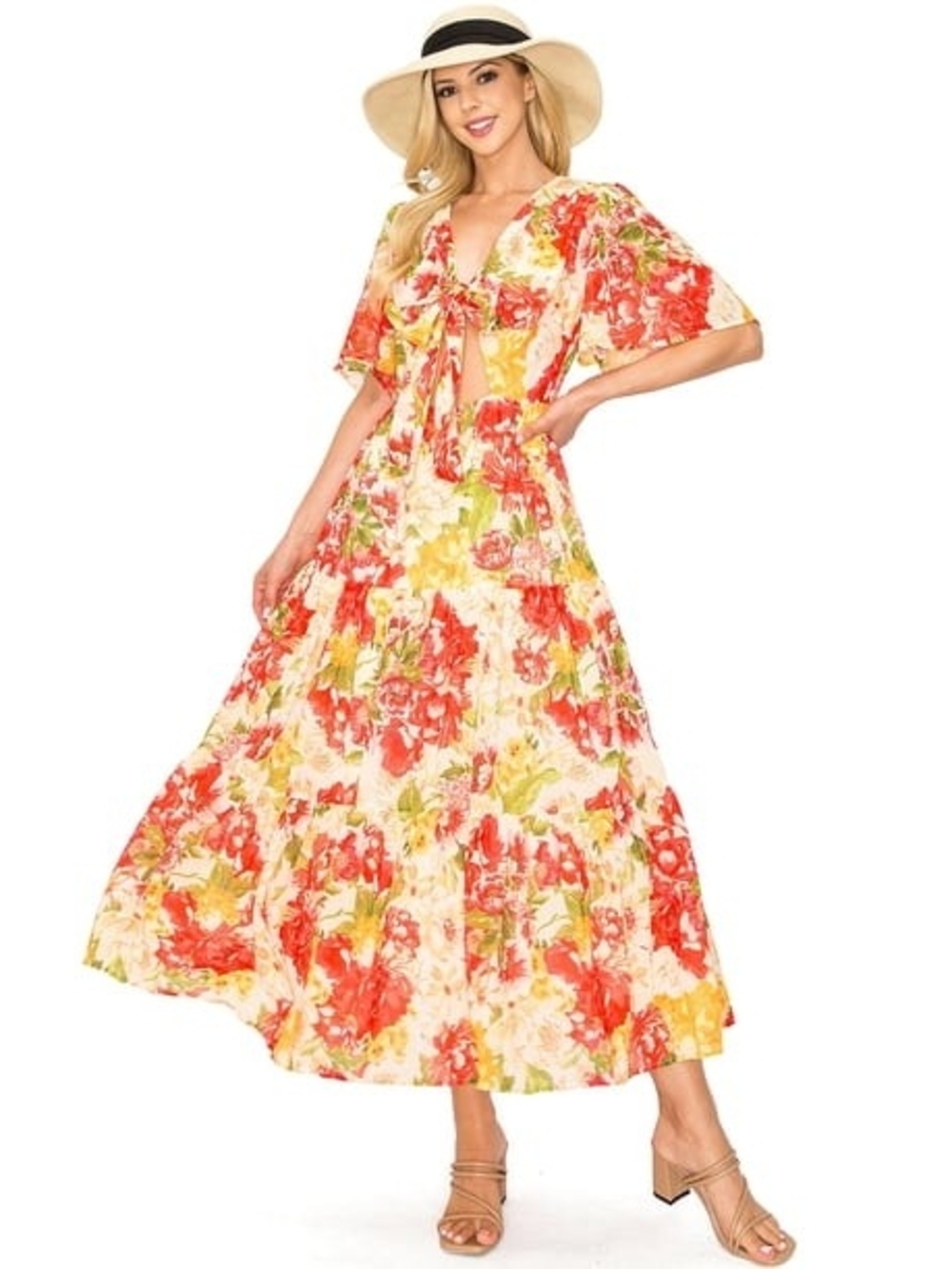 Flying Tomato Coral and Yellow Floral Tie-Front Maxi Dress